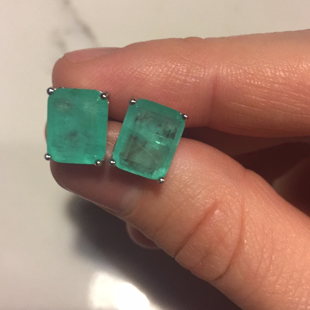 Emerald over clear quartz sterling post earrings